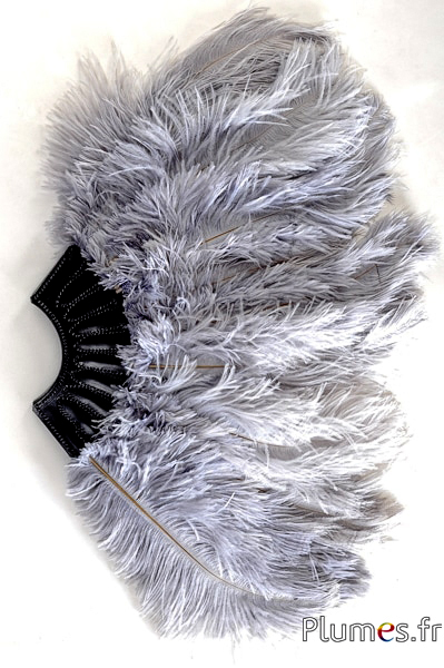 Éventail en plumes d’autruche - 20 plumes, cuir noir - gris